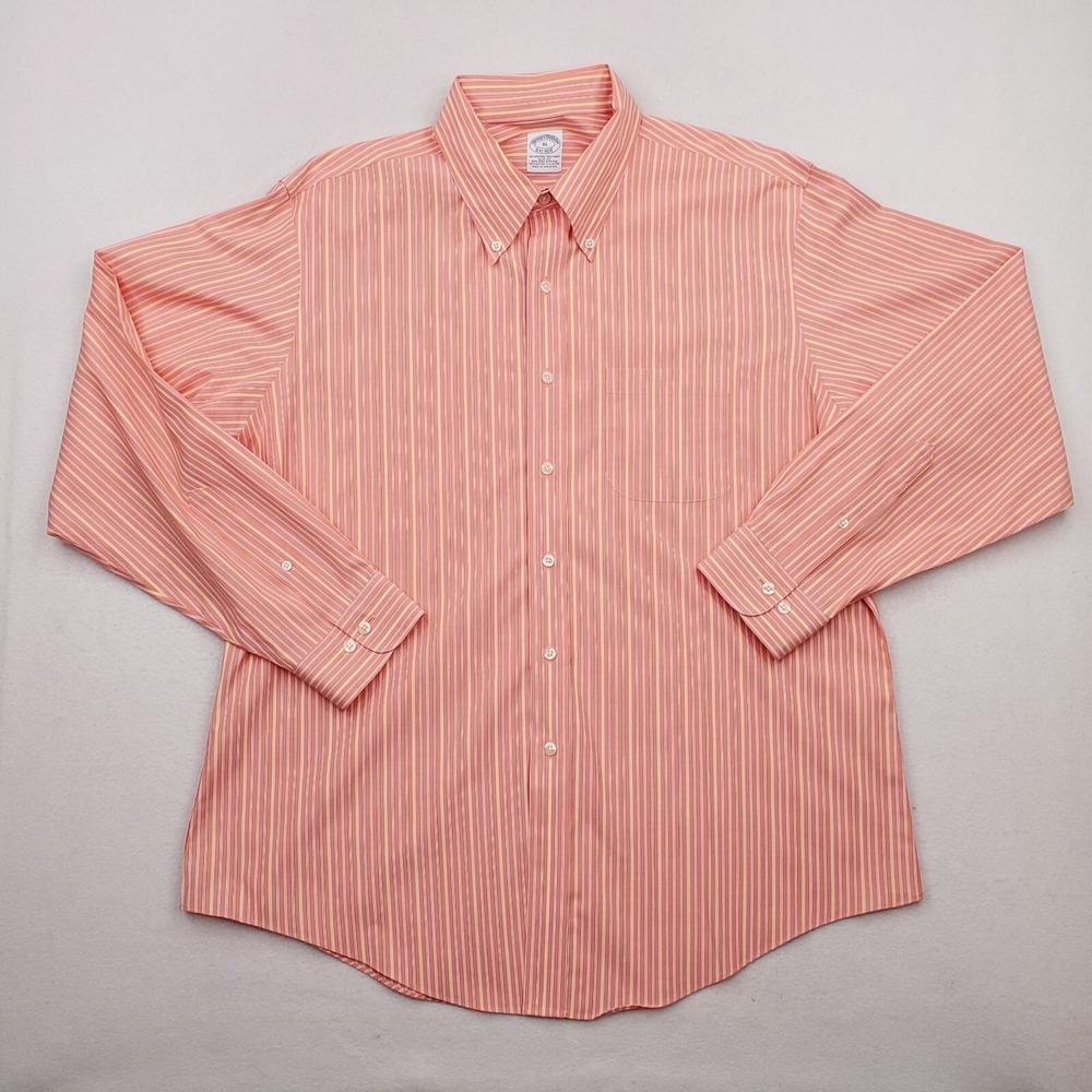 Brooks Brothers Shirt Mens XL Orange Peach Striped Slim‎ Fit Stretch Button Down